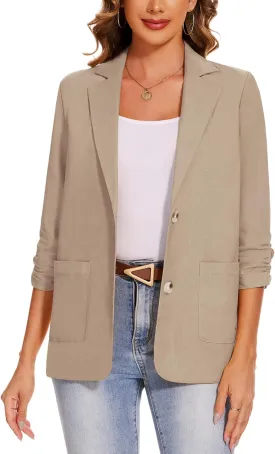MINTLIMIT Women's Cotton Linen Blazer Jackets Ruched 3/4 Sleeve Summer Casual Lightweight Button Lapel Blazers with Pockets