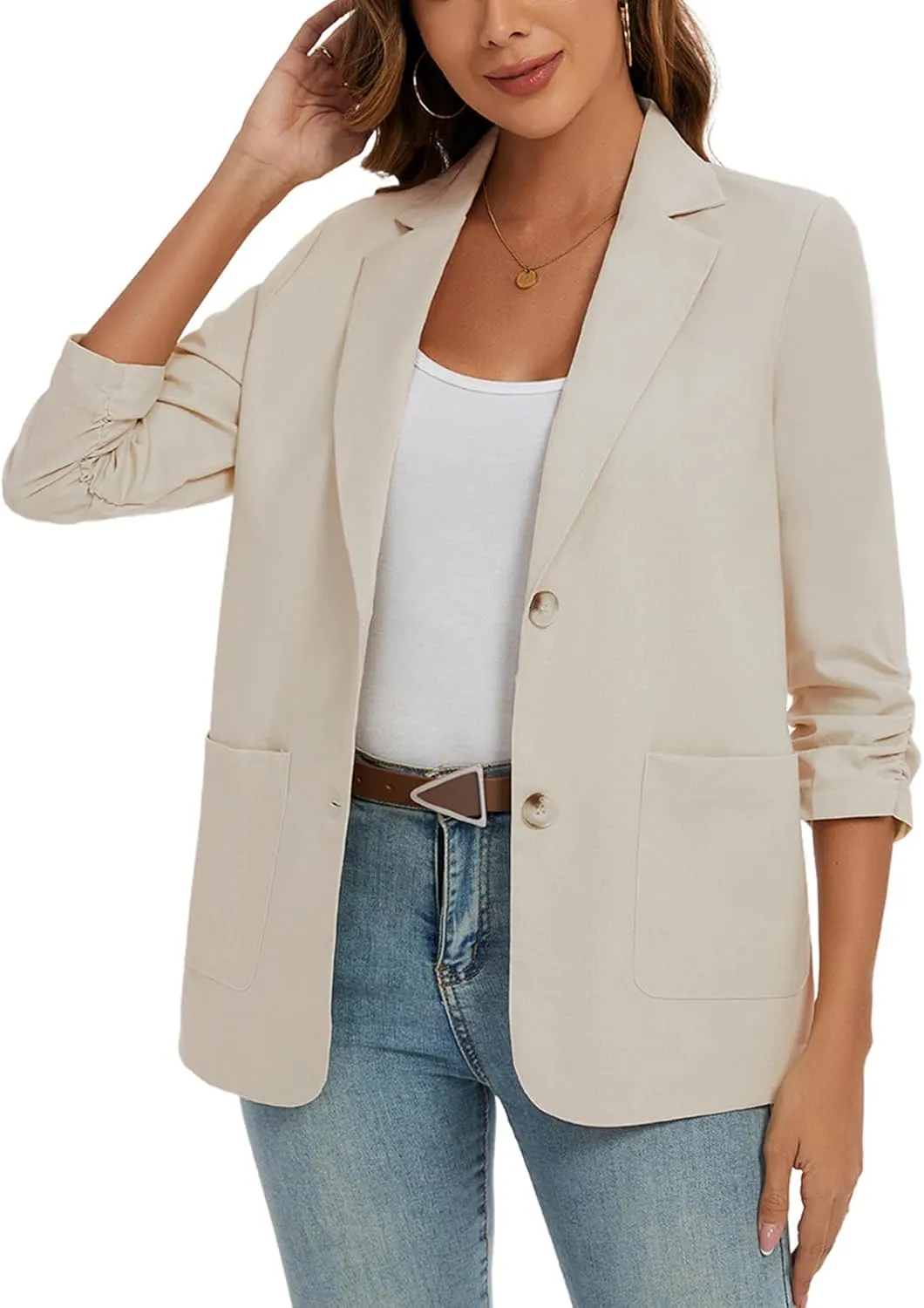 MINTLIMIT Women's Cotton Linen Blazer Jackets Ruched 3/4 Sleeve Summer Casual Lightweight Button Lapel Blazers with Pockets