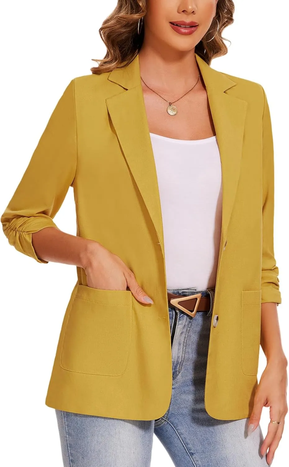 MINTLIMIT Women's Cotton Linen Blazer Jackets Ruched 3/4 Sleeve Summer Casual Lightweight Button Lapel Blazers with Pockets