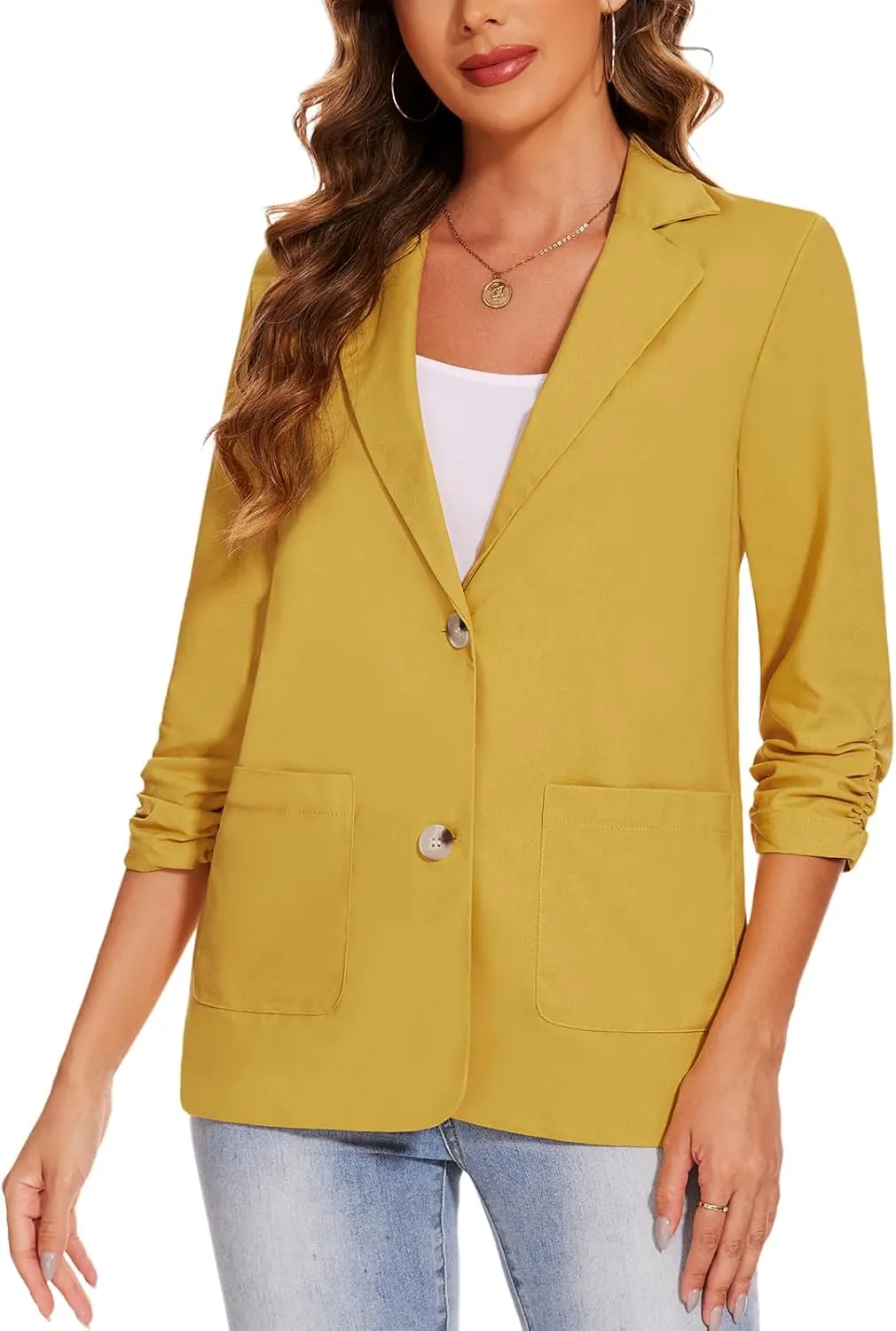 MINTLIMIT Women's Cotton Linen Blazer Jackets Ruched 3/4 Sleeve Summer Casual Lightweight Button Lapel Blazers with Pockets