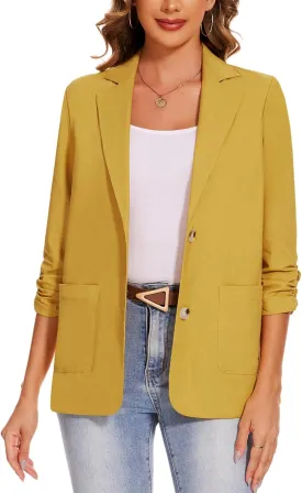 MINTLIMIT Women's Cotton Linen Blazer Jackets Ruched 3/4 Sleeve Summer Casual Lightweight Button Lapel Blazers with Pockets