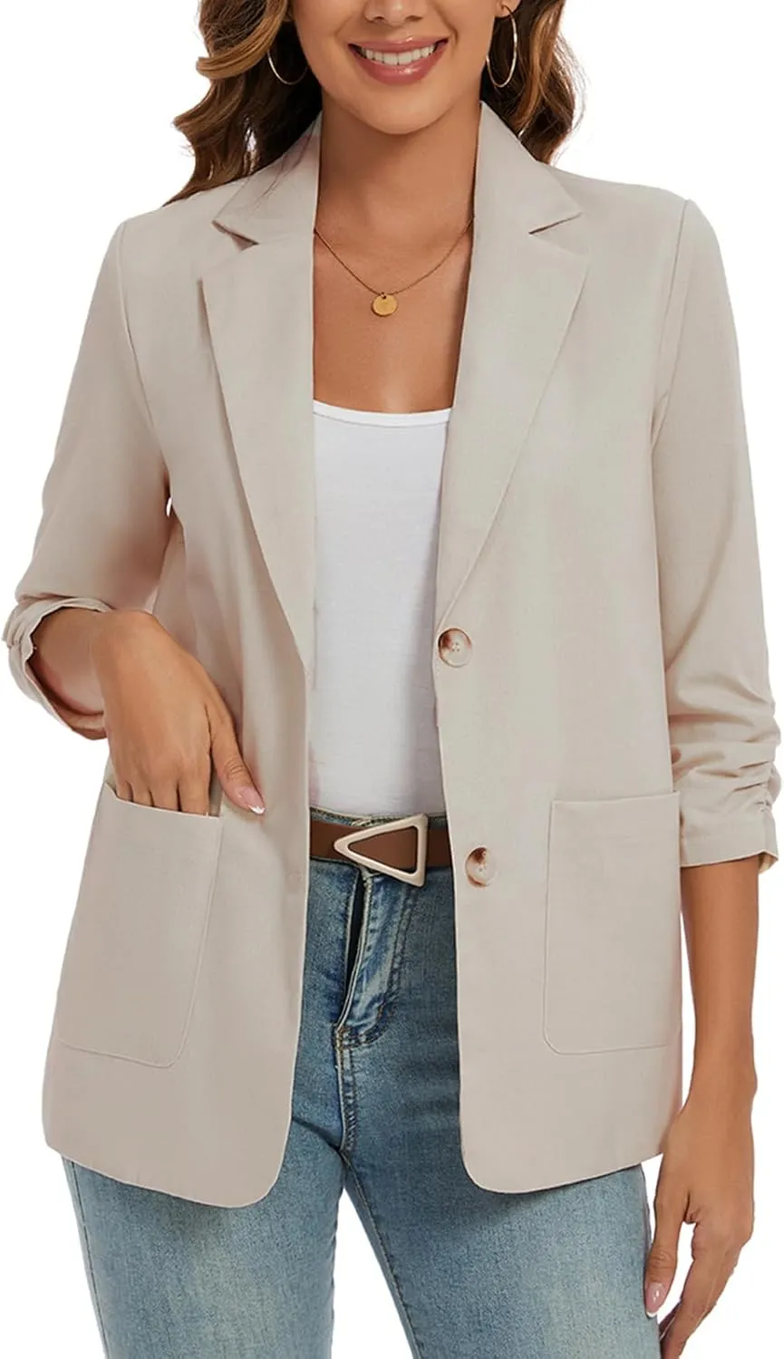 MINTLIMIT Women's Cotton Linen Blazer Jackets Ruched 3/4 Sleeve Summer Casual Lightweight Button Lapel Blazers with Pockets