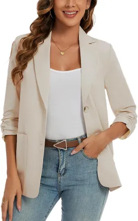 MINTLIMIT Women's Cotton Linen Blazer Jackets Ruched 3/4 Sleeve Summer Casual Lightweight Button Lapel Blazers with Pockets