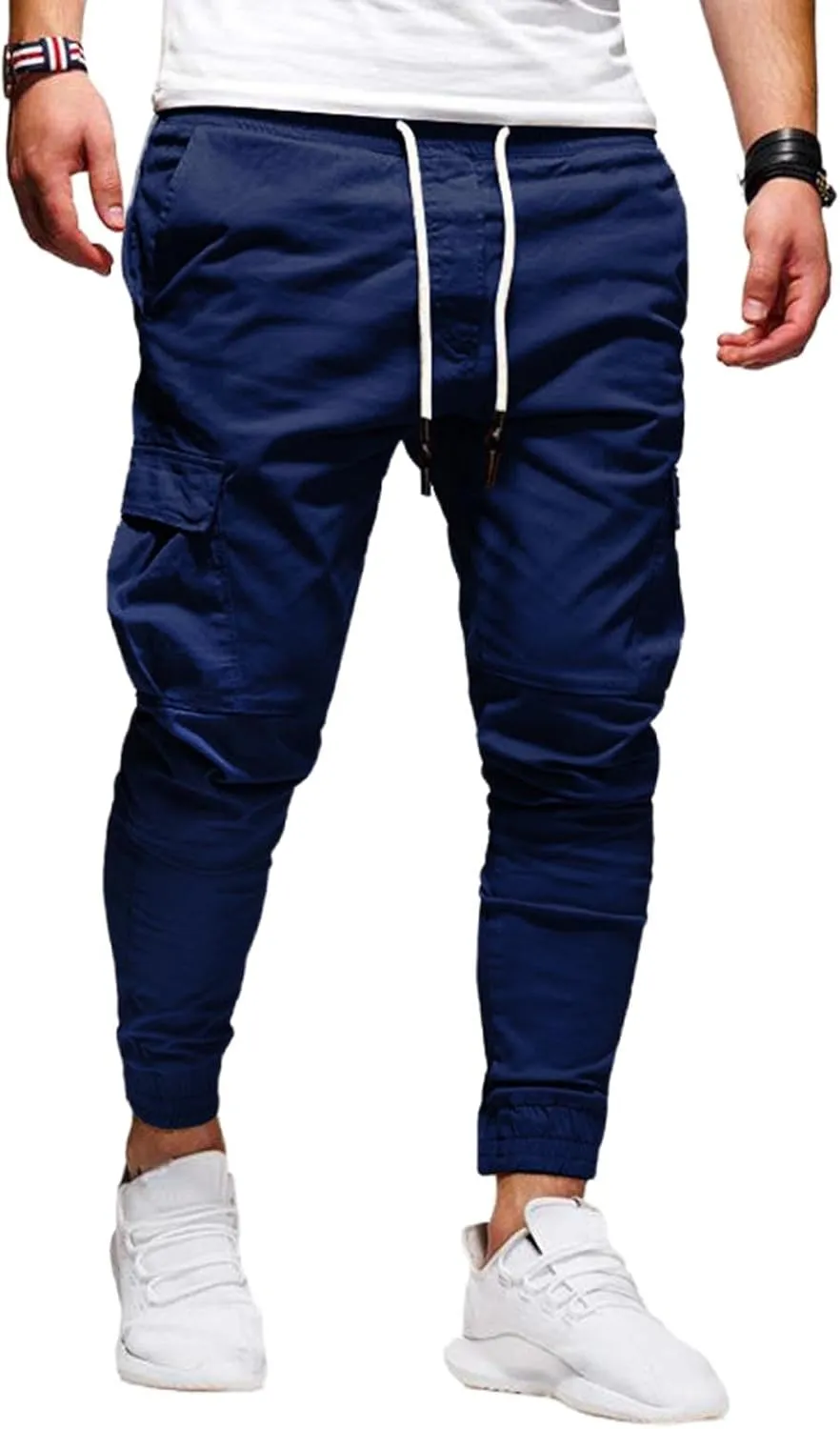 Mmoneyake Mens Cargo Pants Workout Athletic Hiking Sweatpants Drawstring Joggers Pants Slim Fit Chino Pants Training Trousers