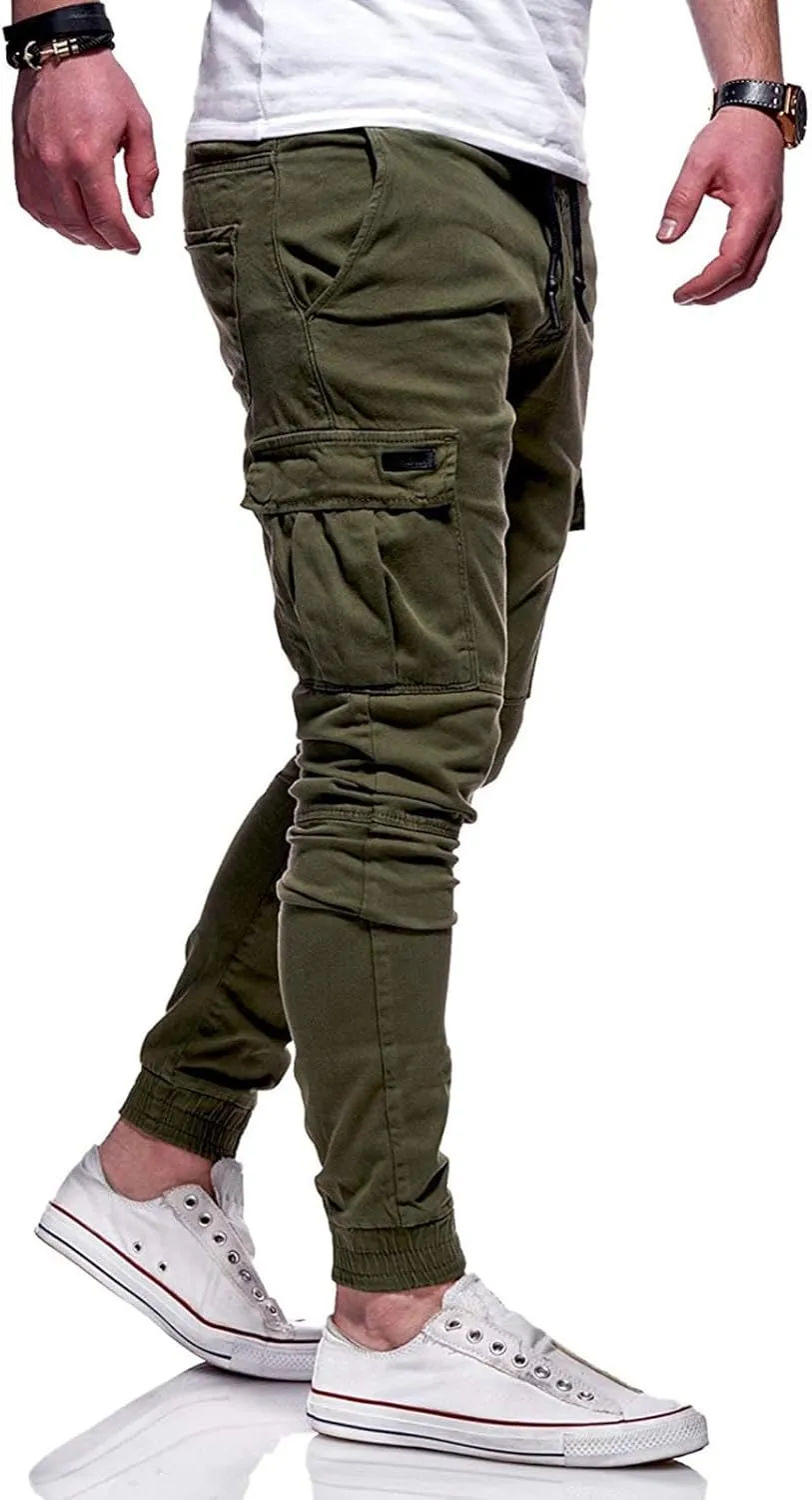 Mmoneyake Mens Cargo Pants Workout Athletic Hiking Sweatpants Drawstring Joggers Pants Slim Fit Chino Pants Training Trousers