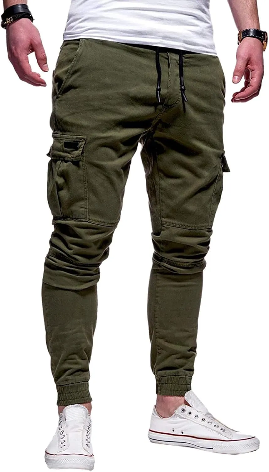 Mmoneyake Mens Cargo Pants Workout Athletic Hiking Sweatpants Drawstring Joggers Pants Slim Fit Chino Pants Training Trousers
