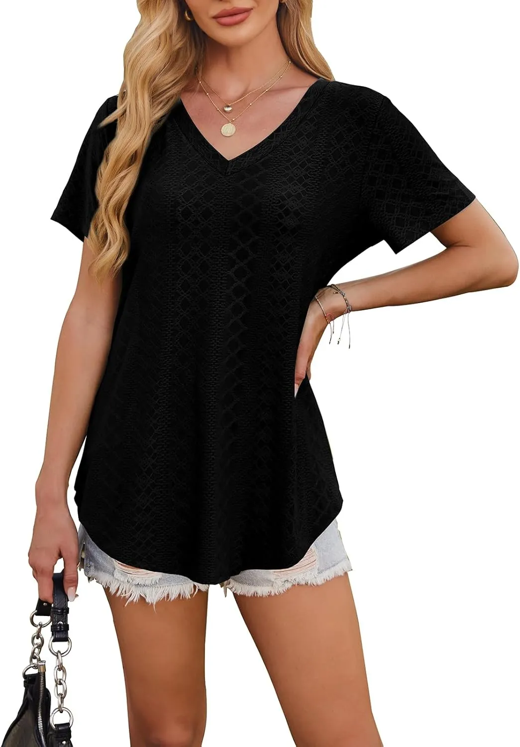 OFEEFAN Womens T Shirts V Neck Short Sleeve Casual Tops Loose Fit Basic Tees with Curved Hem