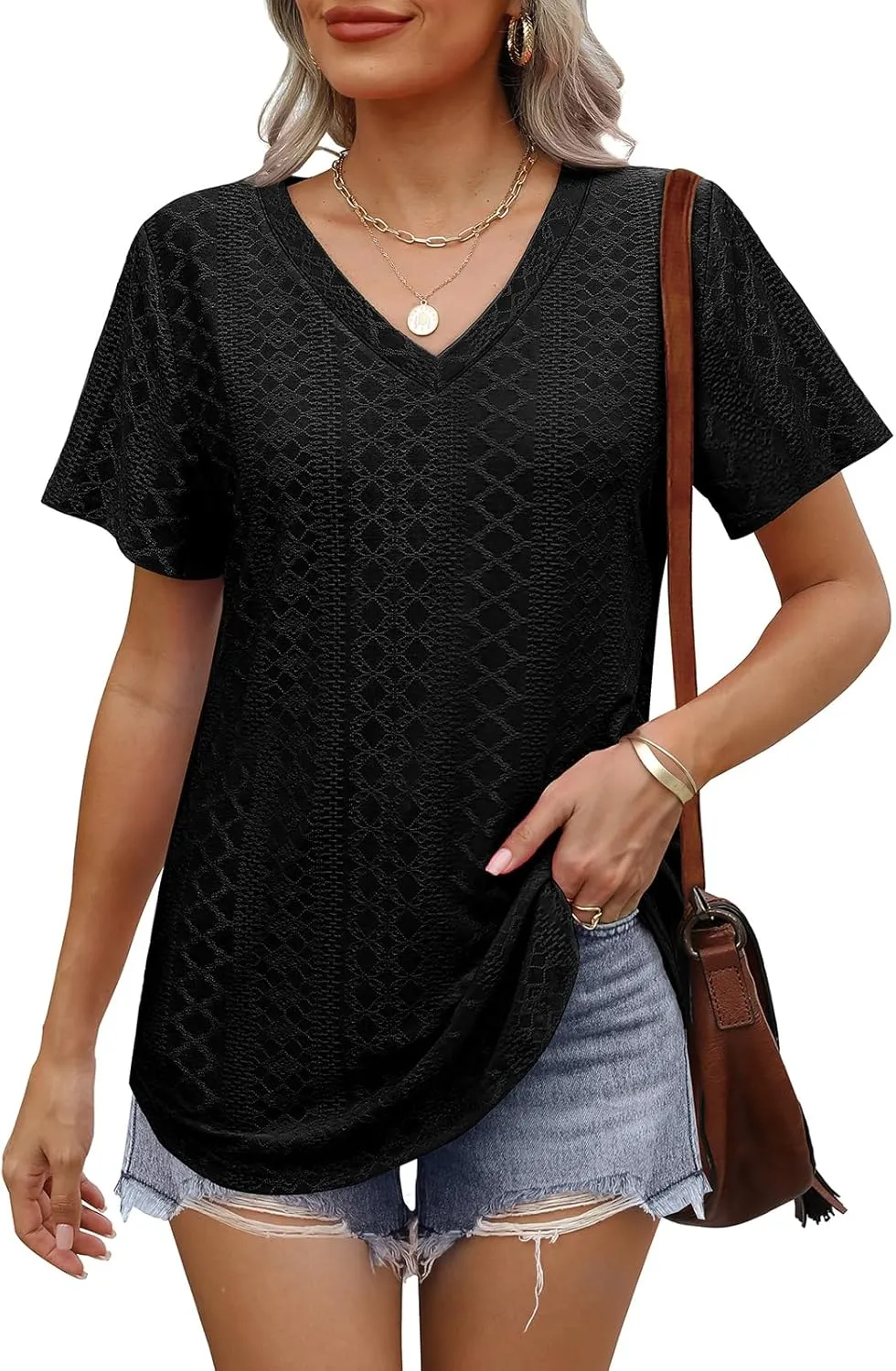 OFEEFAN Womens T Shirts V Neck Short Sleeve Casual Tops Loose Fit Basic Tees with Curved Hem