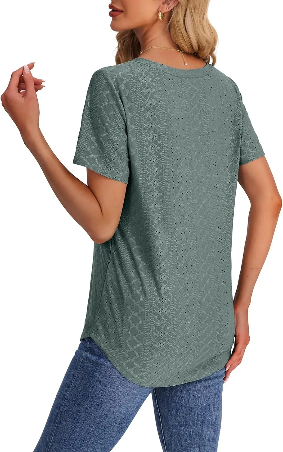OFEEFAN Womens T Shirts V Neck Short Sleeve Casual Tops Loose Fit Basic Tees with Curved Hem