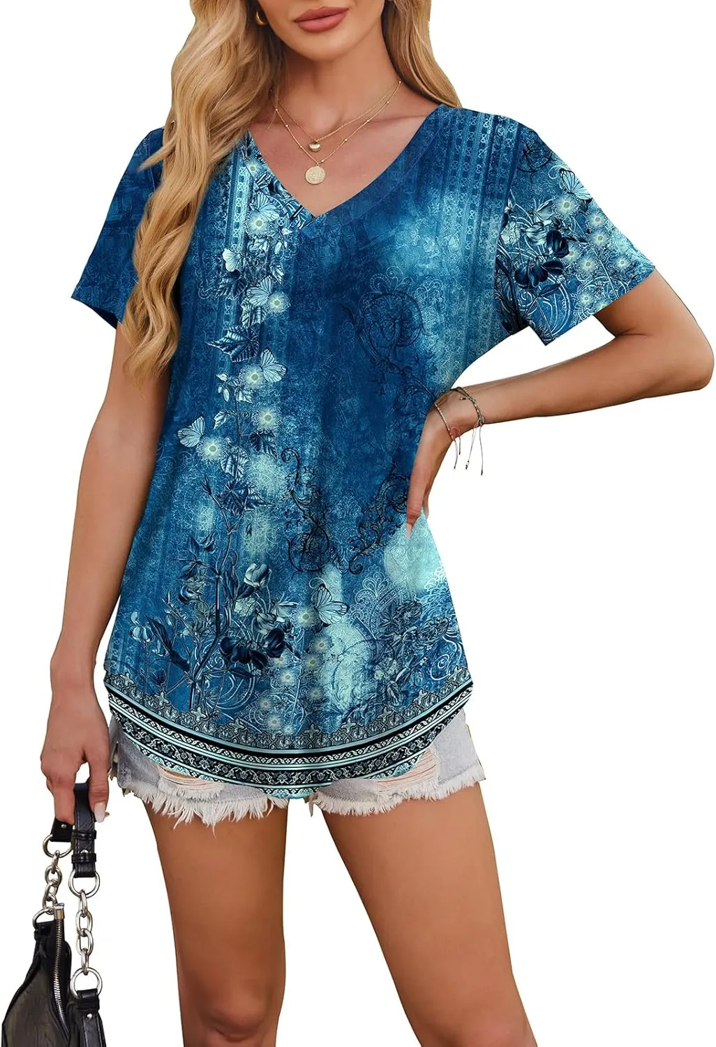 OFEEFAN Womens T Shirts V Neck Short Sleeve Casual Tops Loose Fit Basic Tees with Curved Hem
