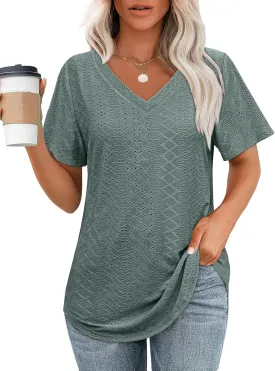 OFEEFAN Womens T Shirts V Neck Short Sleeve Casual Tops Loose Fit Basic Tees with Curved Hem