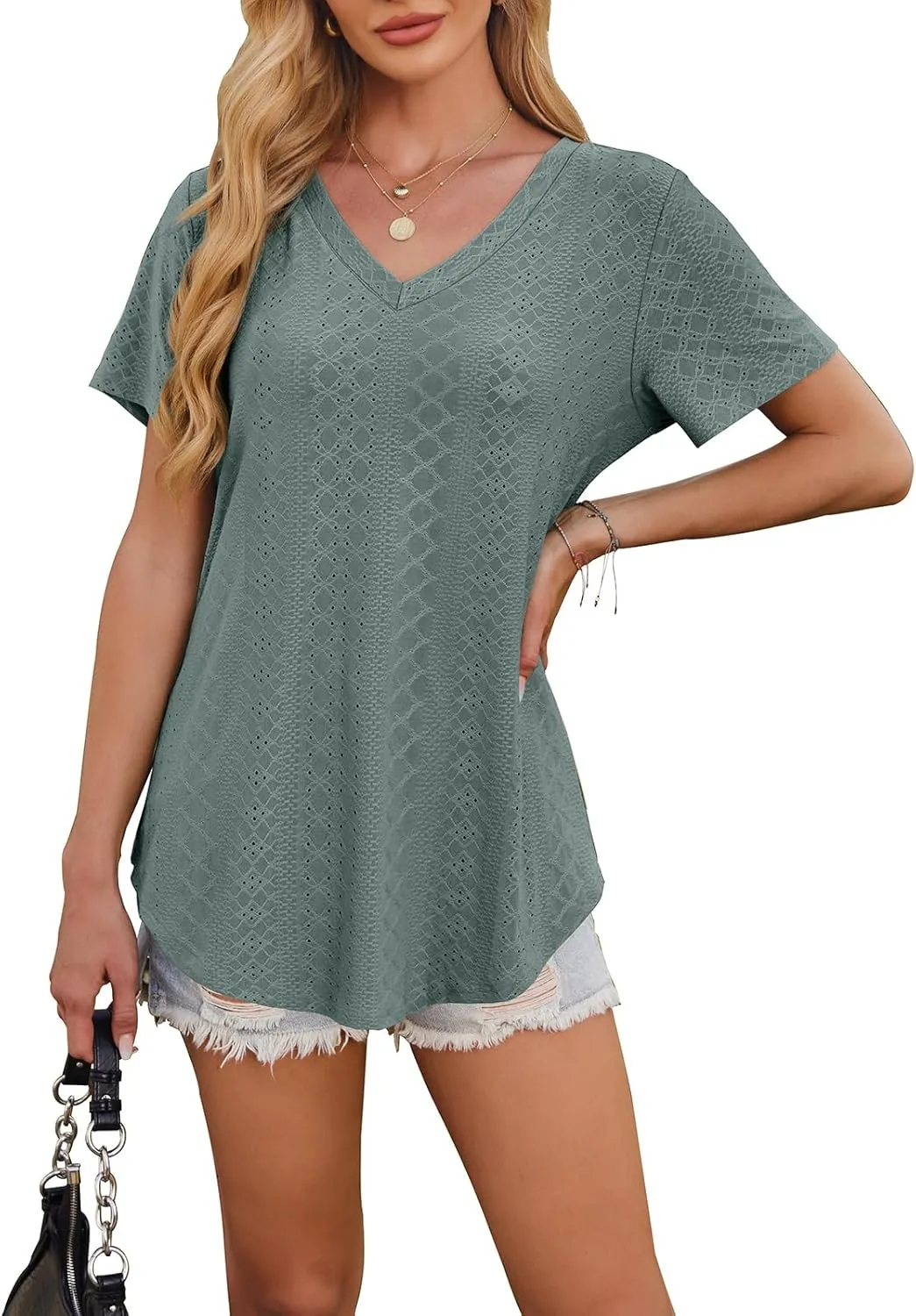OFEEFAN Womens T Shirts V Neck Short Sleeve Casual Tops Loose Fit Basic Tees with Curved Hem