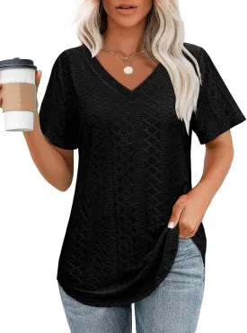 OFEEFAN Womens T Shirts V Neck Short Sleeve Casual Tops Loose Fit Basic Tees with Curved Hem