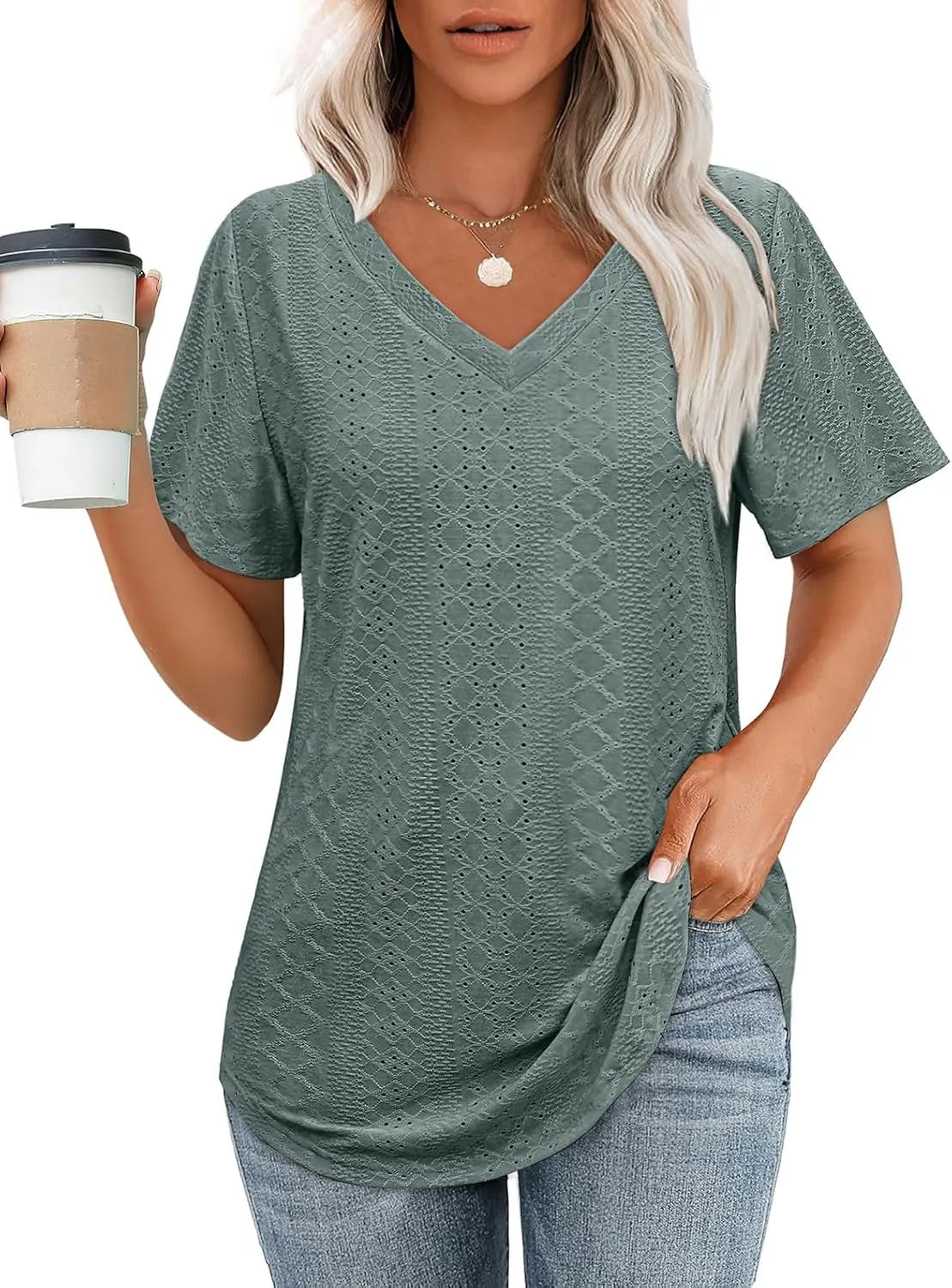 OFEEFAN Womens T Shirts V Neck Short Sleeve Casual Tops Loose Fit Basic Tees with Curved Hem