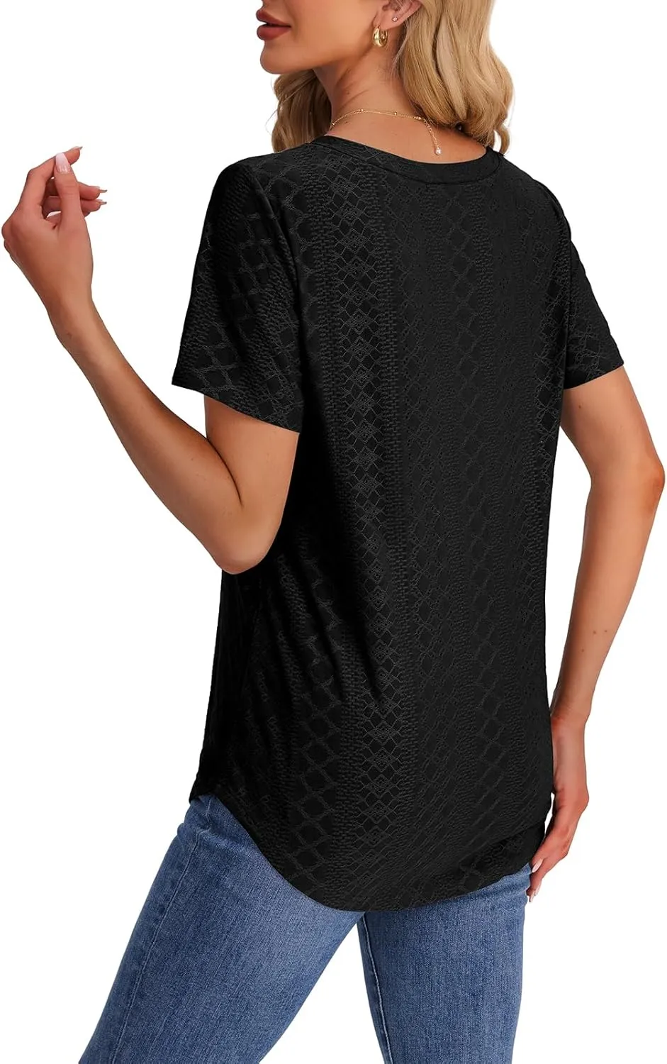 OFEEFAN Womens T Shirts V Neck Short Sleeve Casual Tops Loose Fit Basic Tees with Curved Hem