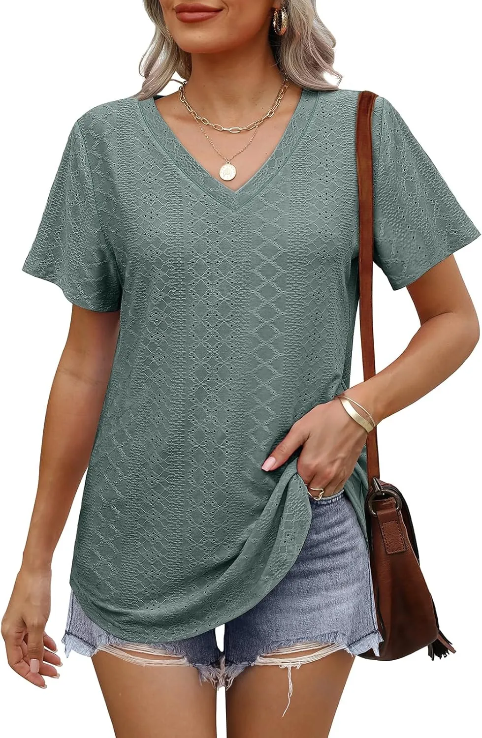 OFEEFAN Womens T Shirts V Neck Short Sleeve Casual Tops Loose Fit Basic Tees with Curved Hem