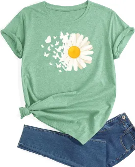 Plus Size Sunflower Graphic Tees for Women Cute Dandelion Short Sleeve T-Shirt Crewneck Ladies Tee Tops