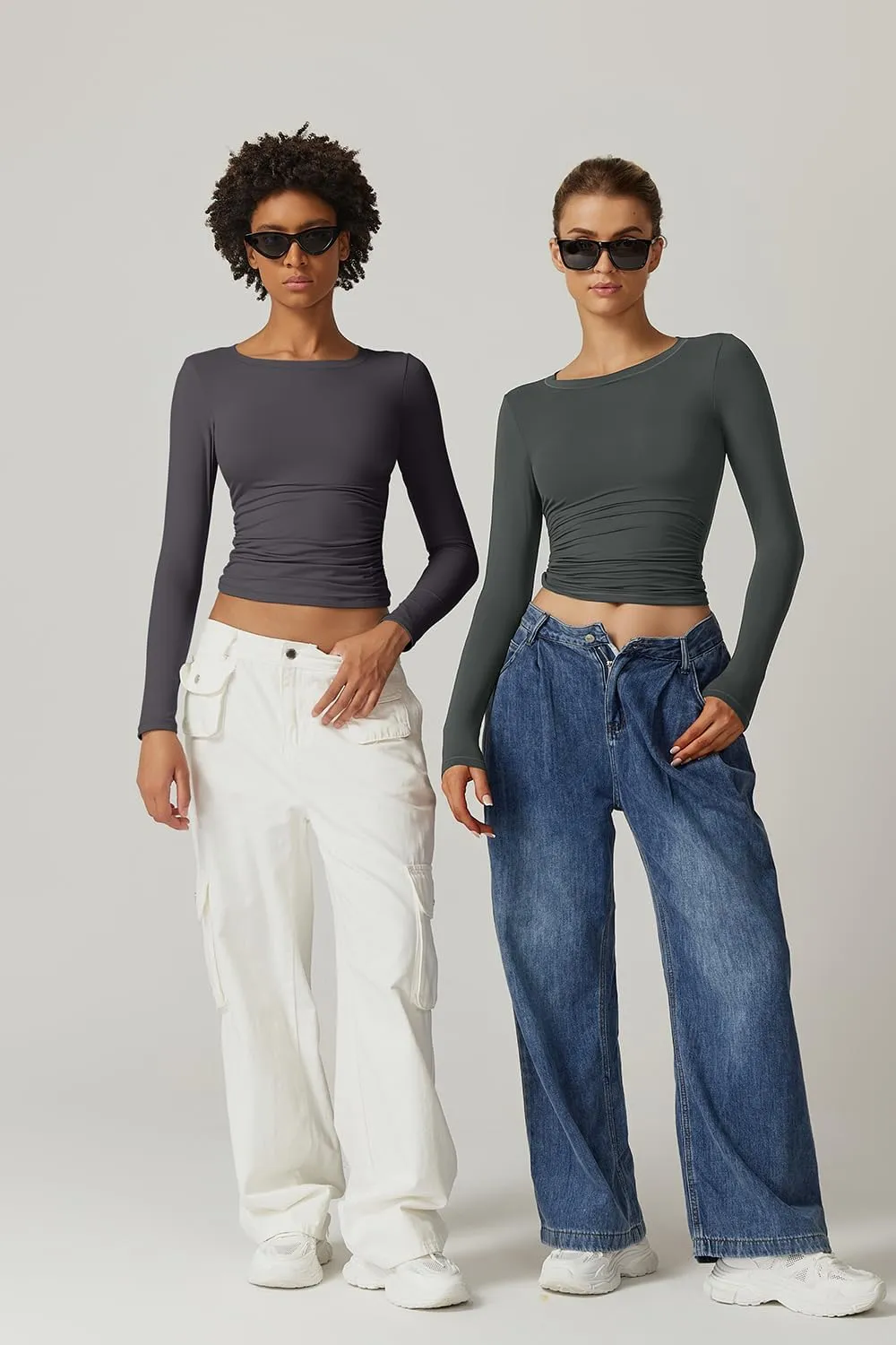 QINSEN Womens Crewneck Long Sleeve Shirt Double Lined Basic Tees Side Ruched Going Out Crop Tops