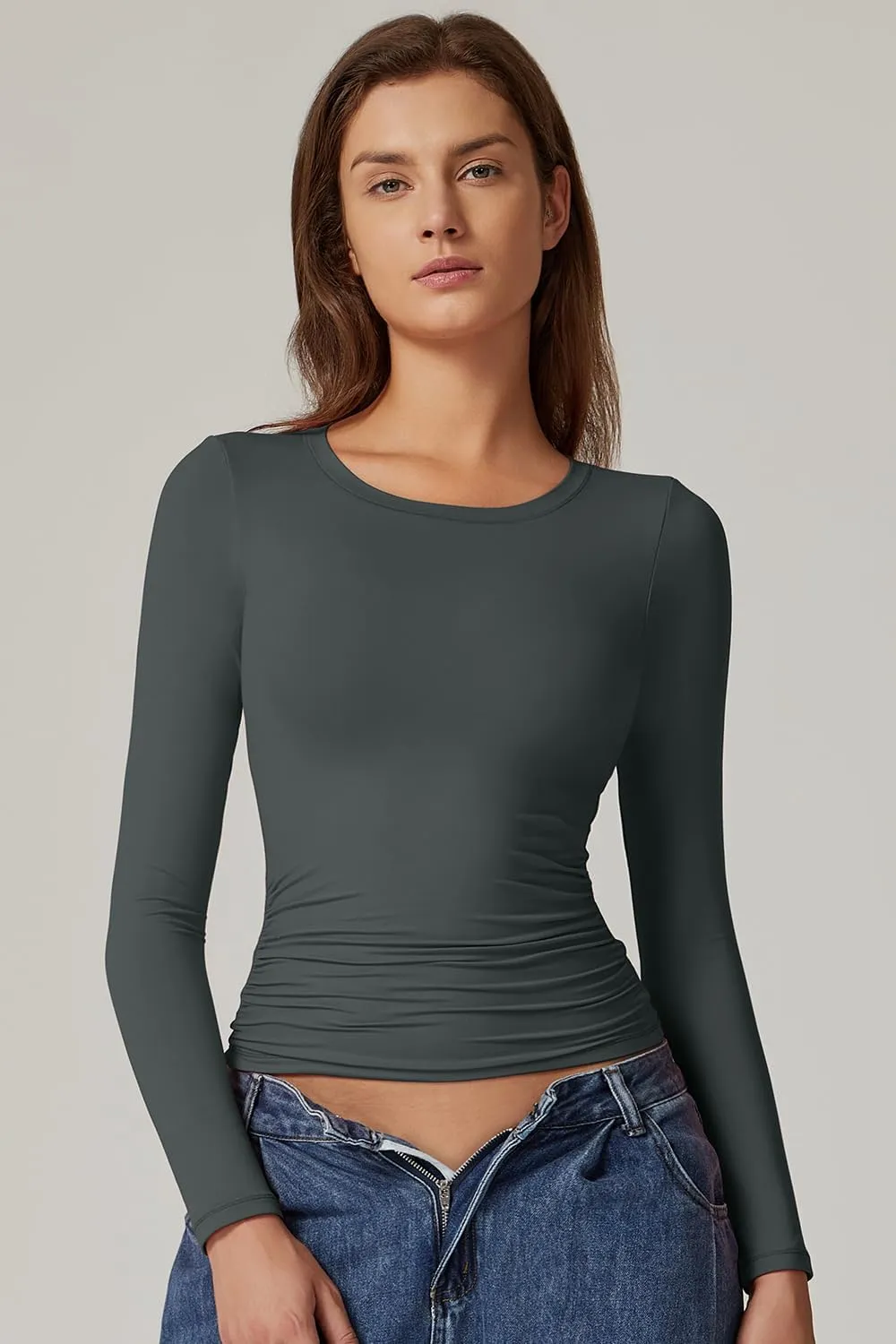 QINSEN Womens Crewneck Long Sleeve Shirt Double Lined Basic Tees Side Ruched Going Out Crop Tops