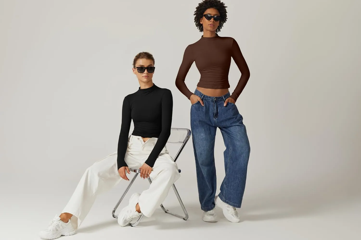 QINSEN Womens Mock Neck Long Sleeve Shirt Double Lined Basic Tees Side Ruched Going Out Crop Tops