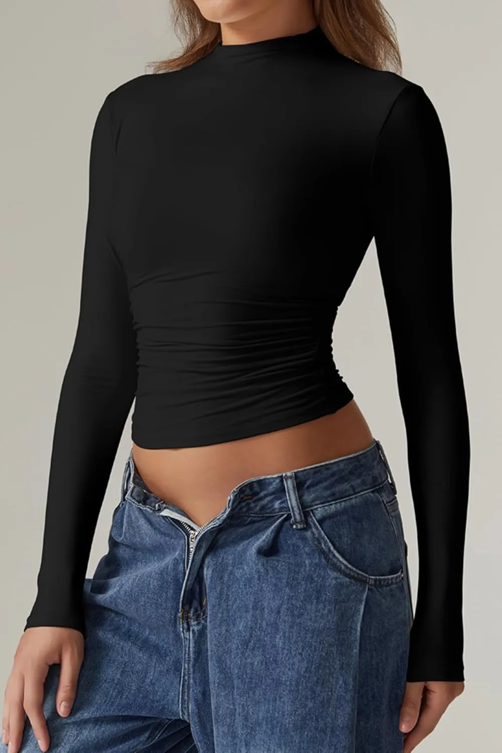QINSEN Womens Mock Neck Long Sleeve Shirt Double Lined Basic Tees Side Ruched Going Out Crop Tops