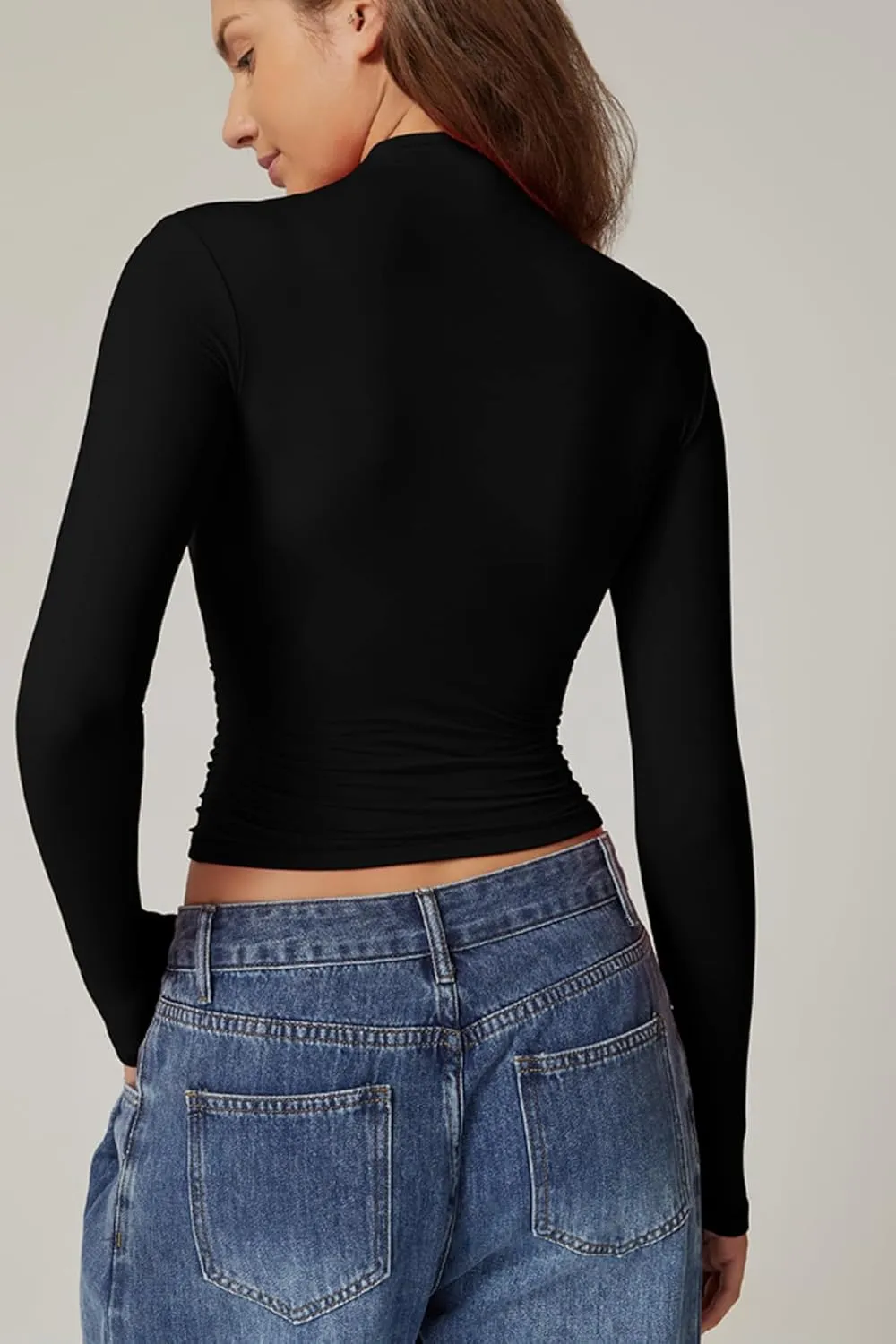 QINSEN Womens Mock Neck Long Sleeve Shirt Double Lined Basic Tees Side Ruched Going Out Crop Tops