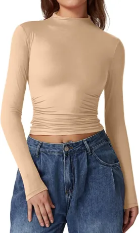 QINSEN Womens Mock Neck Long Sleeve Shirt Double Lined Basic Tees Side Ruched Going Out Crop Tops