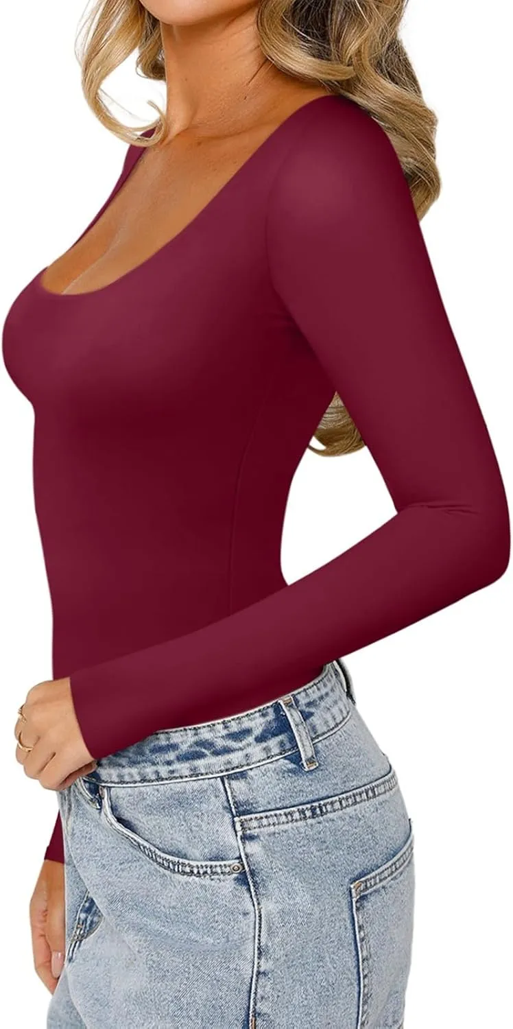REORIA Women's Sexy Basic Sexy Scoop Long Sleeve Double Lined Layering Slim Bodysuit Tops