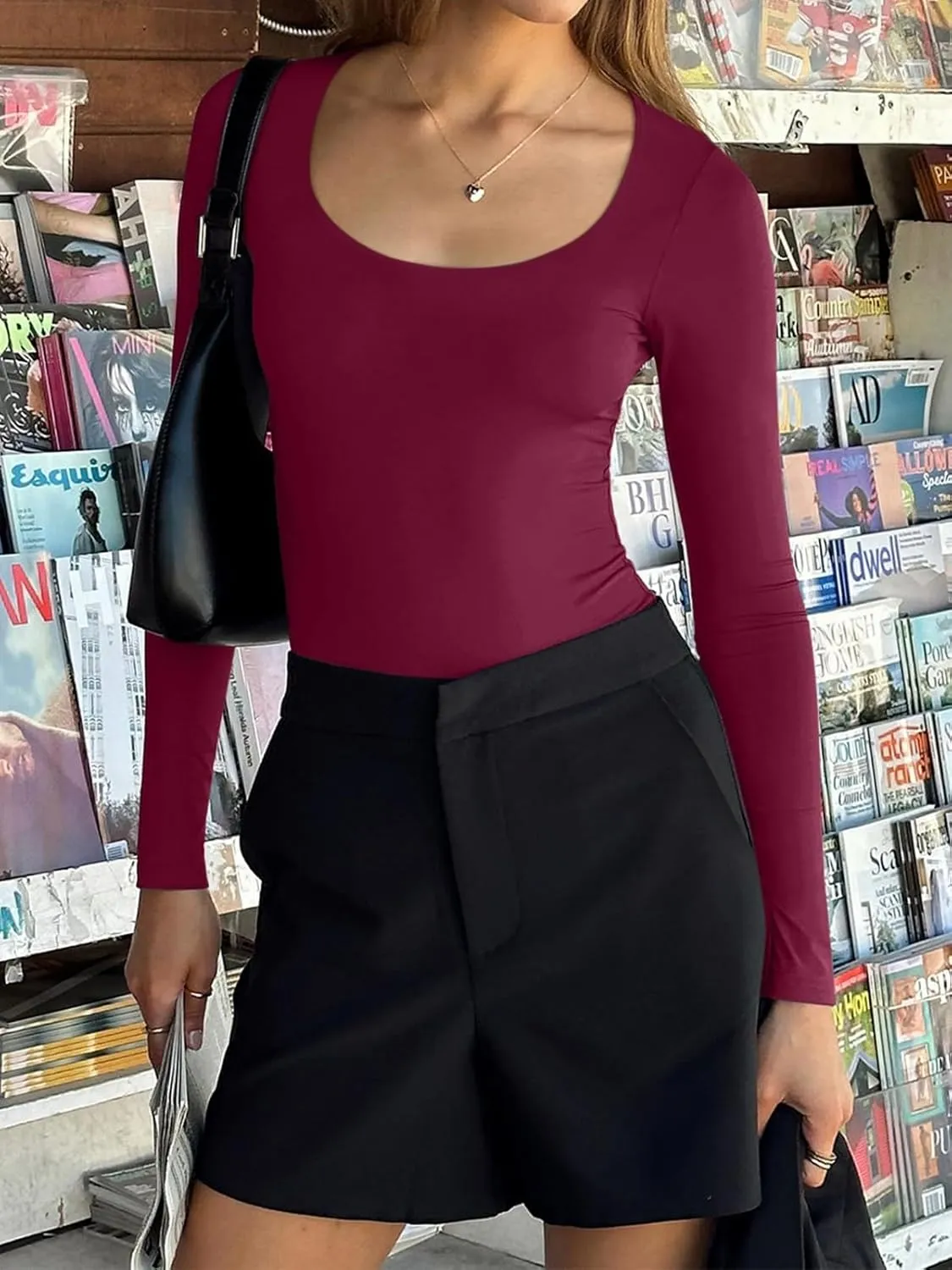 REORIA Women's Sexy Basic Sexy Scoop Long Sleeve Double Lined Layering Slim Bodysuit Tops