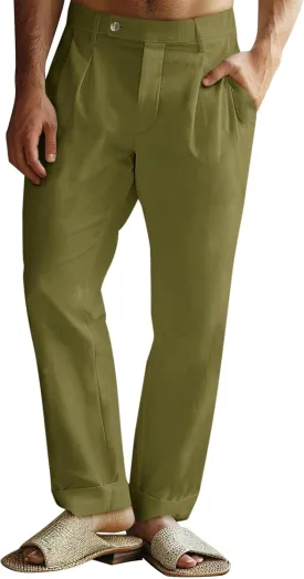 Runcati Mens Casual Linen Pants Pleated Elastic Waist Lightweight Cotton Trousers Summer Beach Yoga Pants with Pockets