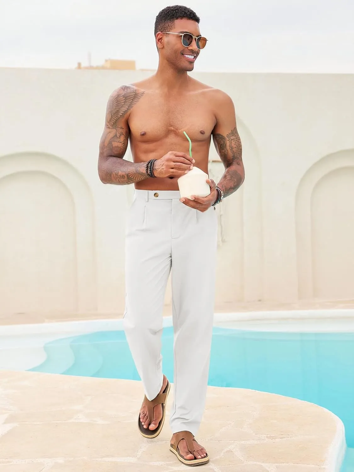 Runcati Mens Casual Linen Pants Pleated Elastic Waist Lightweight Cotton Trousers Summer Beach Yoga Pants with Pockets