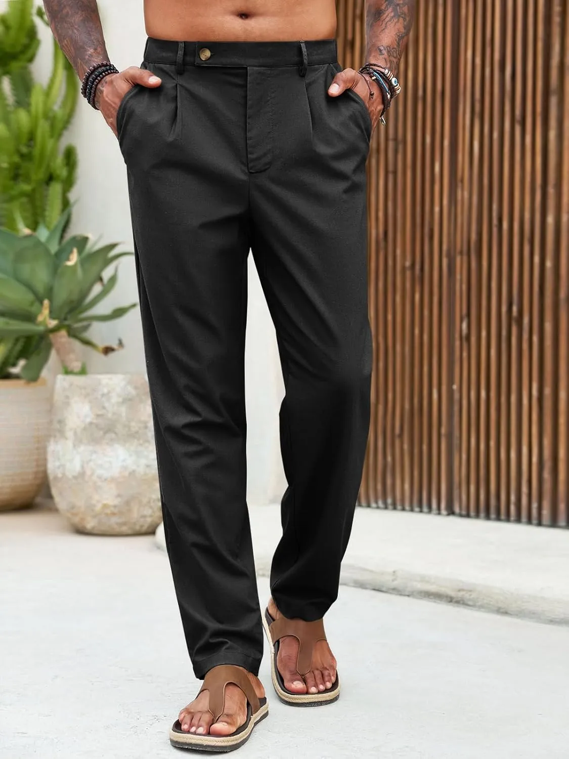 Runcati Mens Casual Linen Pants Pleated Elastic Waist Lightweight Cotton Trousers Summer Beach Yoga Pants with Pockets