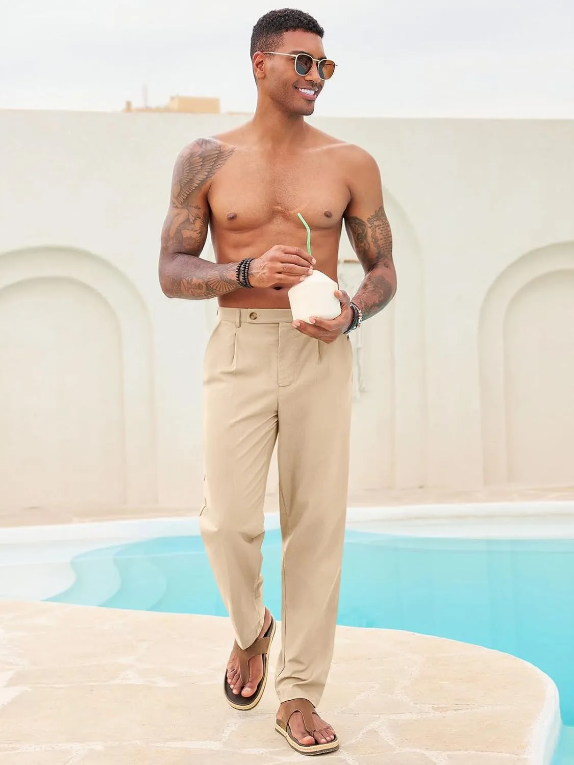 Runcati Mens Casual Linen Pants Pleated Elastic Waist Lightweight Cotton Trousers Summer Beach Yoga Pants with Pockets