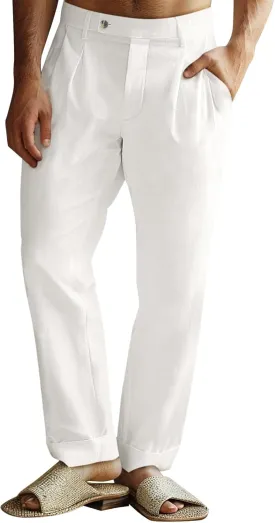 Runcati Mens Casual Linen Pants Pleated Elastic Waist Lightweight Cotton Trousers Summer Beach Yoga Pants with Pockets