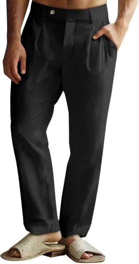 Runcati Mens Casual Linen Pants Pleated Elastic Waist Lightweight Cotton Trousers Summer Beach Yoga Pants with Pockets