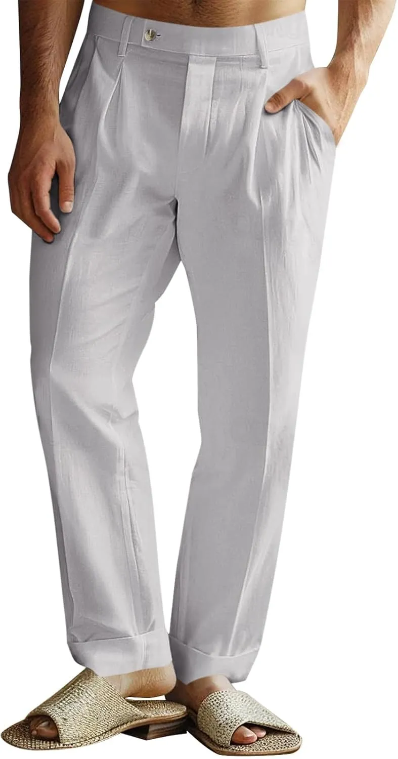 Runcati Mens Casual Linen Pants Pleated Elastic Waist Lightweight Cotton Trousers Summer Beach Yoga Pants with Pockets