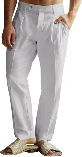 Runcati Mens Casual Linen Pants Pleated Elastic Waist Lightweight Cotton Trousers Summer Beach Yoga Pants with Pockets