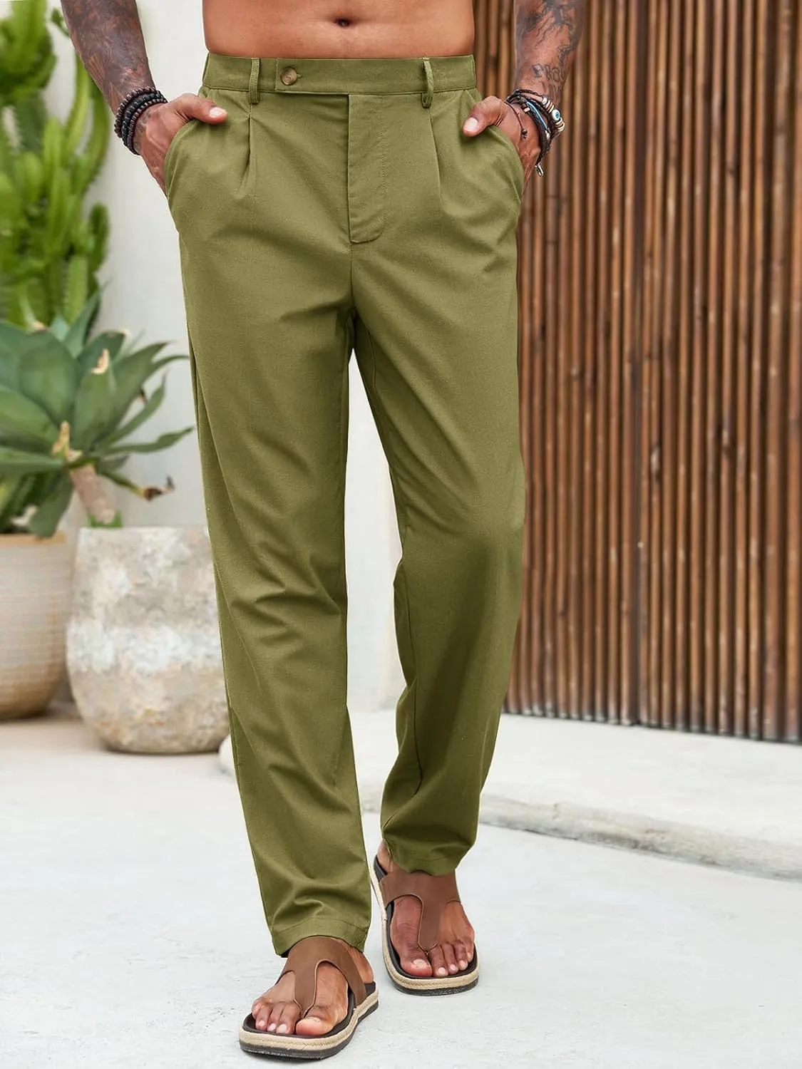Runcati Mens Casual Linen Pants Pleated Elastic Waist Lightweight Cotton Trousers Summer Beach Yoga Pants with Pockets