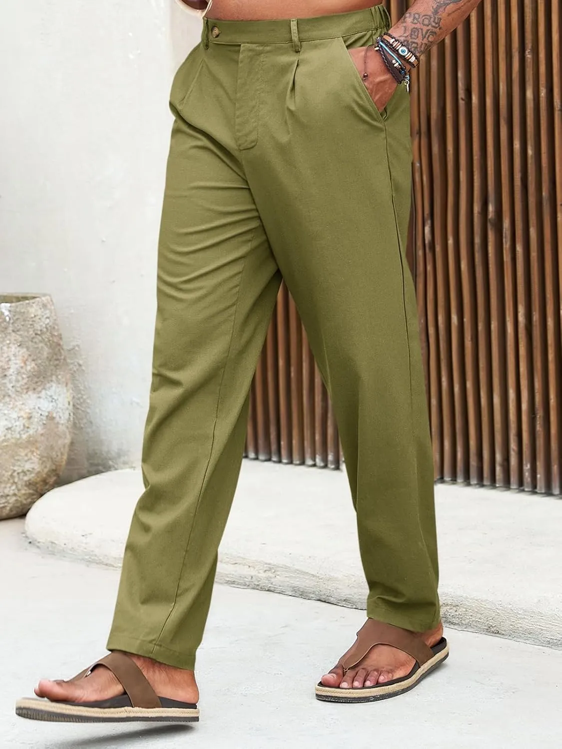 Runcati Mens Casual Linen Pants Pleated Elastic Waist Lightweight Cotton Trousers Summer Beach Yoga Pants with Pockets