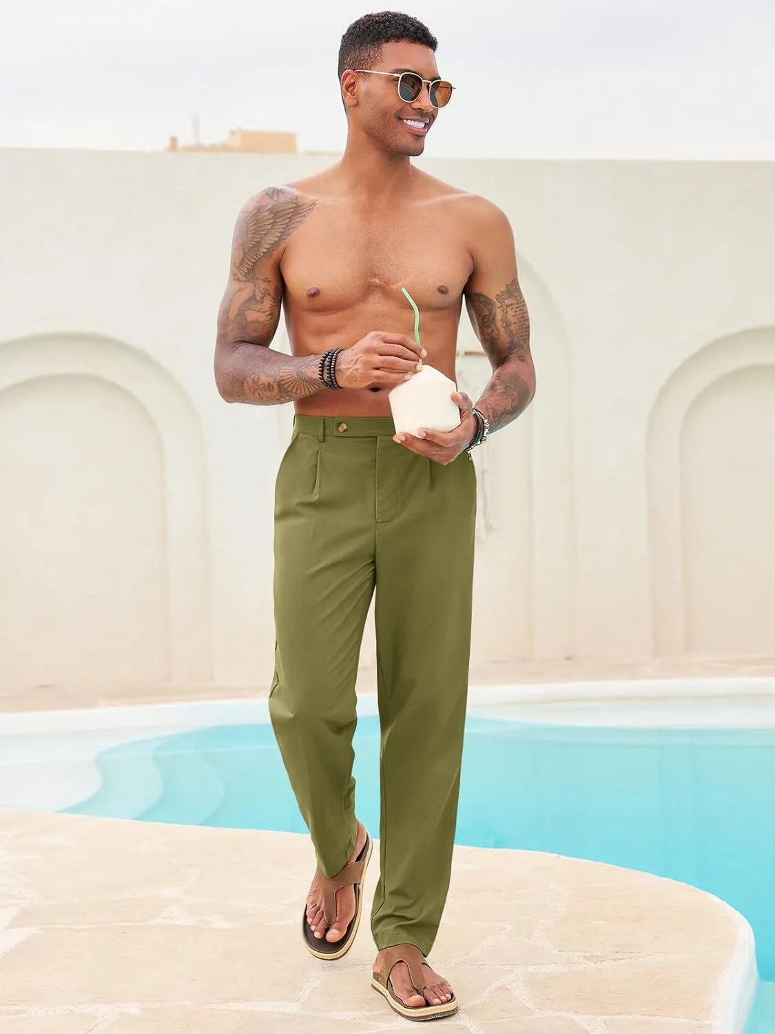 Runcati Mens Casual Linen Pants Pleated Elastic Waist Lightweight Cotton Trousers Summer Beach Yoga Pants with Pockets