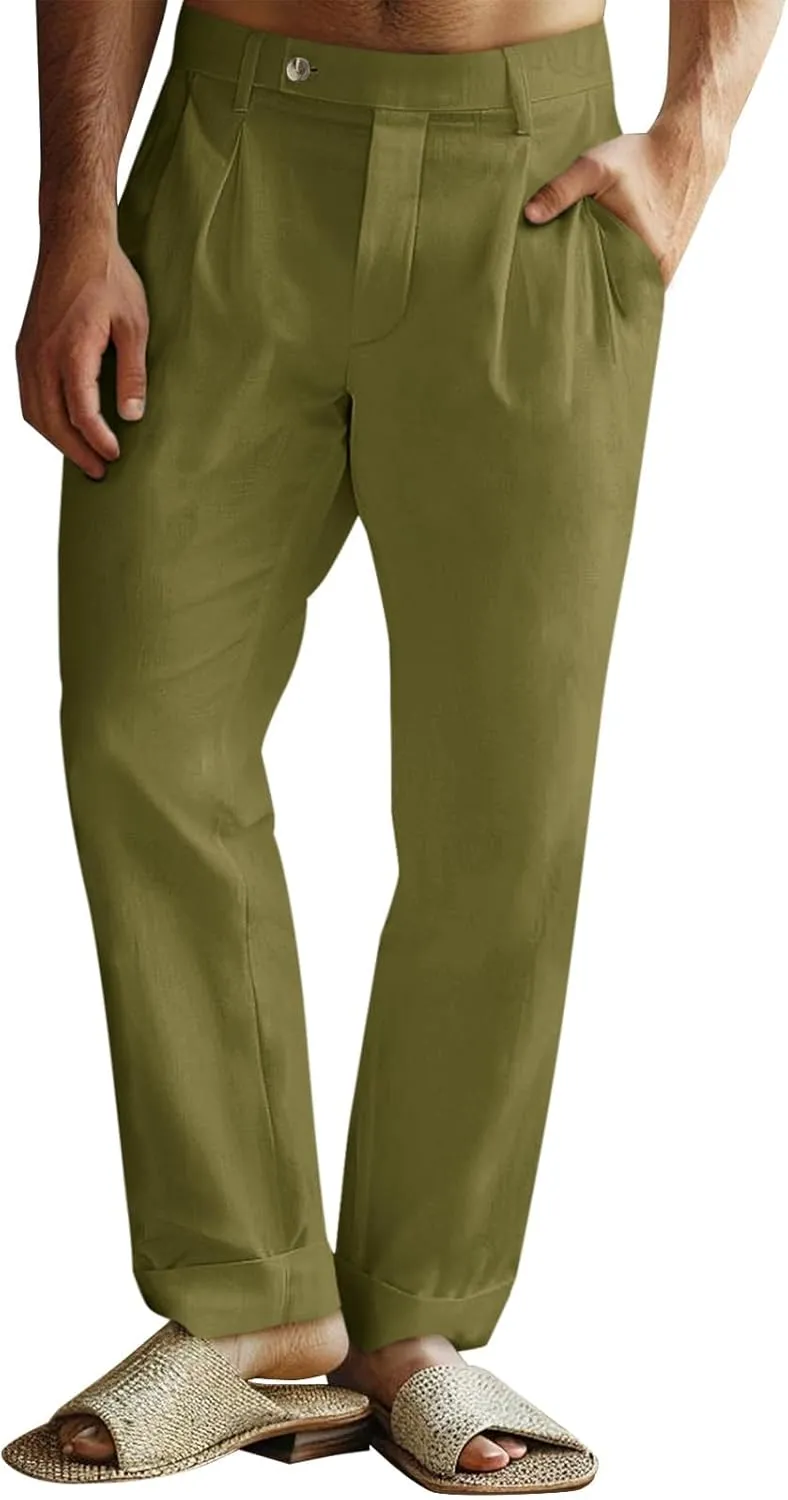 Runcati Mens Casual Linen Pants Pleated Elastic Waist Lightweight Cotton Trousers Summer Beach Yoga Pants with Pockets