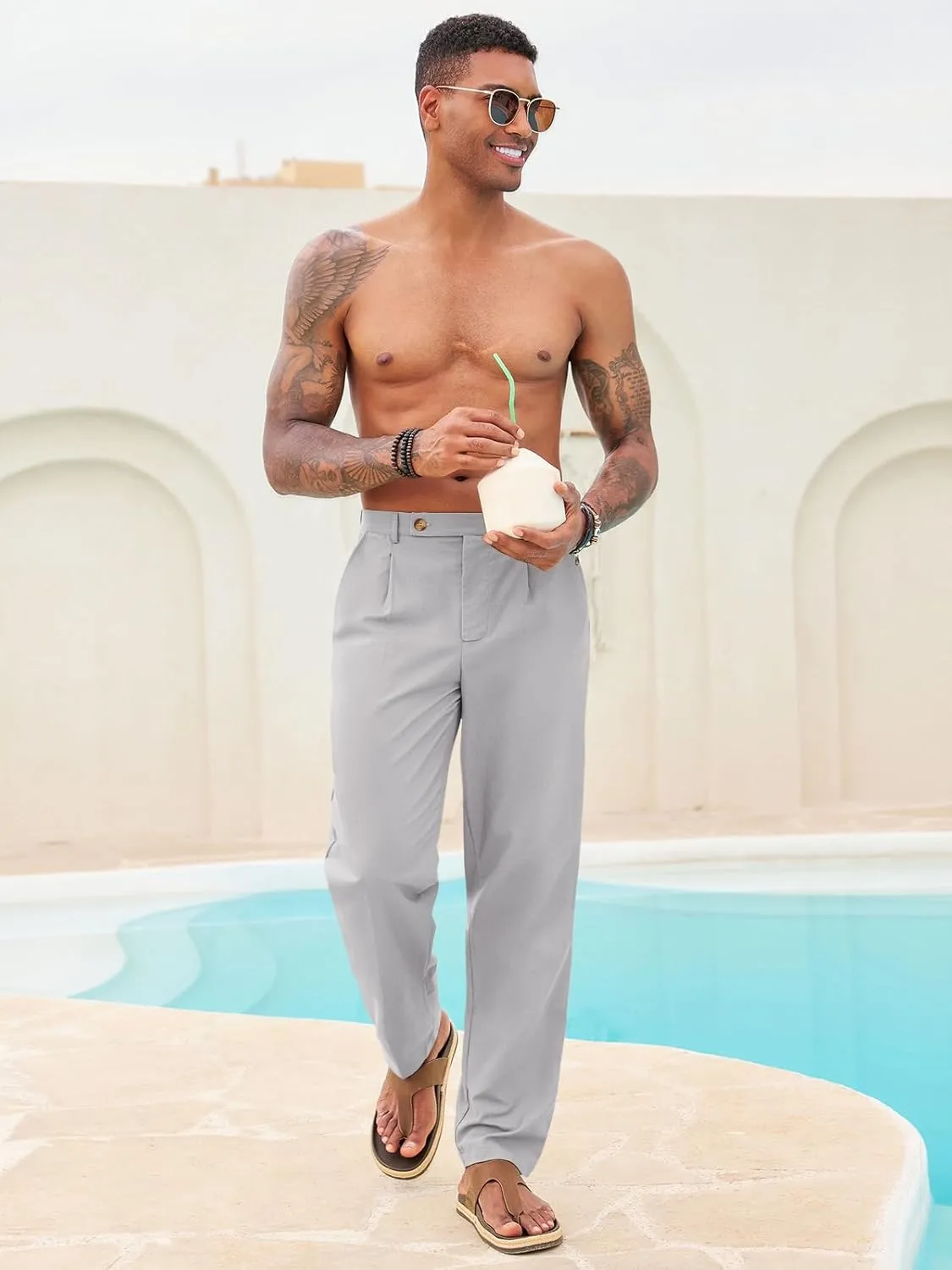 Runcati Mens Casual Linen Pants Pleated Elastic Waist Lightweight Cotton Trousers Summer Beach Yoga Pants with Pockets