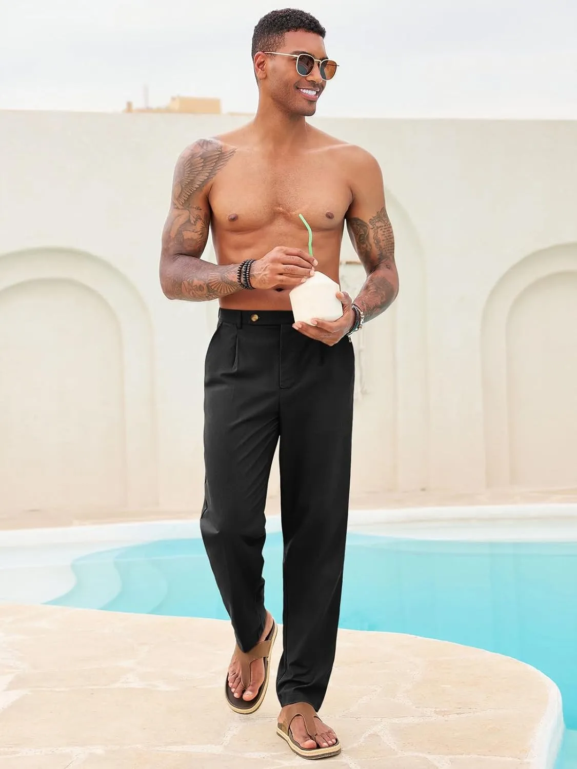 Runcati Mens Casual Linen Pants Pleated Elastic Waist Lightweight Cotton Trousers Summer Beach Yoga Pants with Pockets