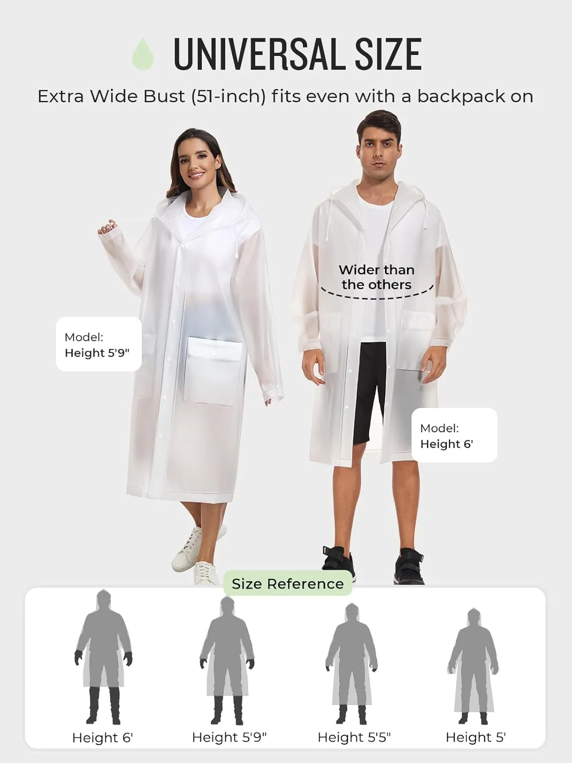 SaphiRose 1pack Reusable EVA Rain Ponchos for Adults-Extra Thick Heavy Duty Rain Jackets Unisex Raincoats with Hood