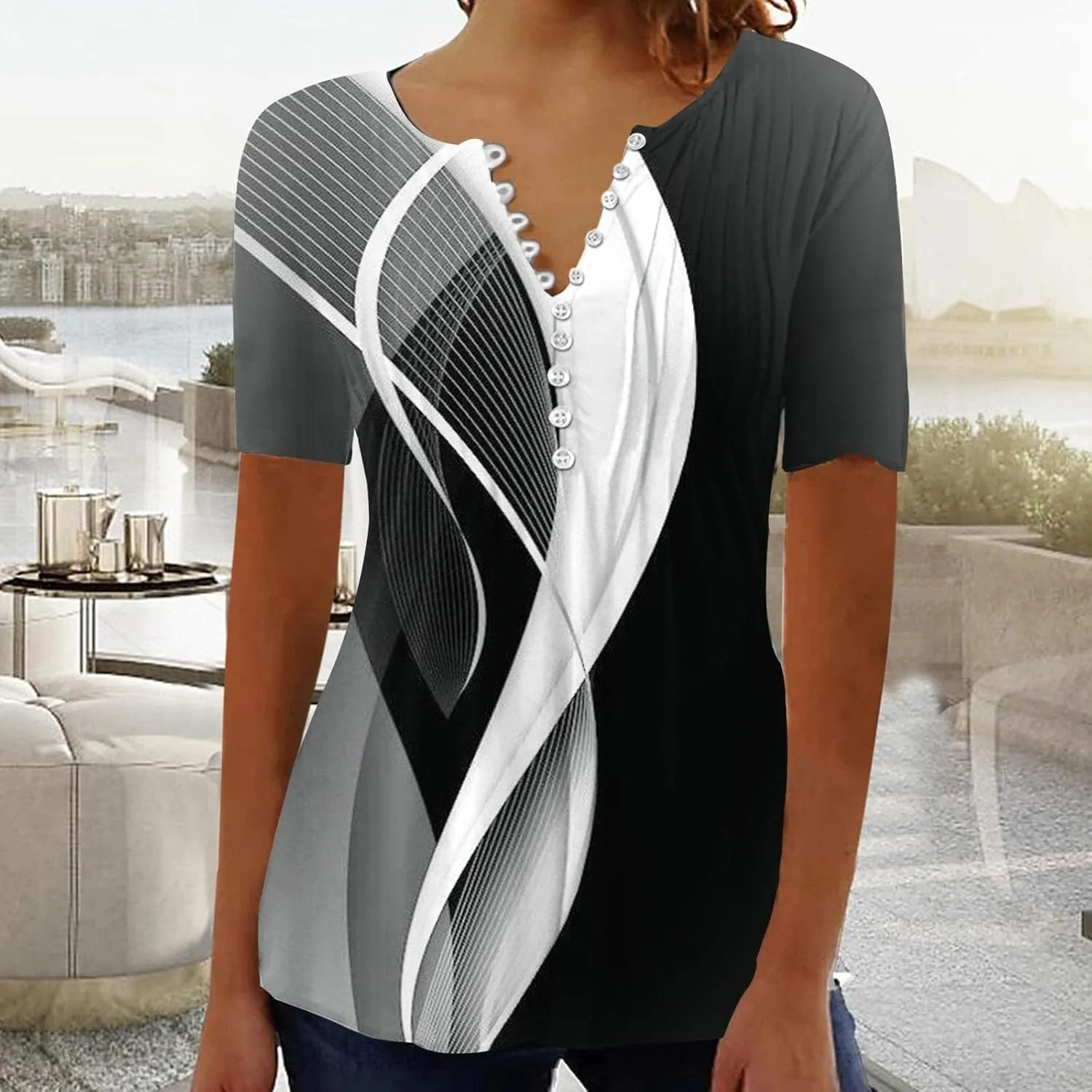 SHAOBGE Summer Tops for Women 2025 Trendy Boho Floral Print Tunic Shirt Short Sleeve Button v Neck Tshirt Casual Loose Blouse