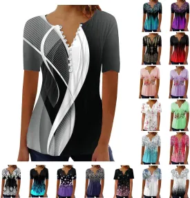 SHAOBGE Summer Tops for Women 2025 Trendy Boho Floral Print Tunic Shirt Short Sleeve Button v Neck Tshirt Casual Loose Blouse