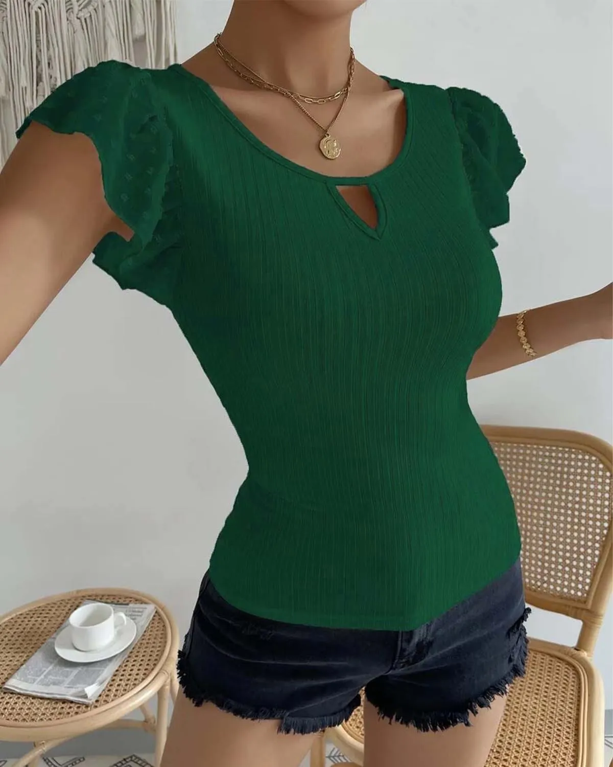 SKAYS Womens Short Ruffle Sleeve Ribbed Slimming Keyhole Top Summer Round Neck Blouse Shirt Dressy Casual