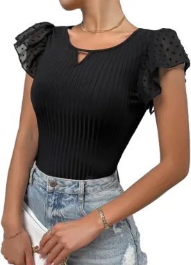 SKAYS Womens Short Ruffle Sleeve Ribbed Slimming Keyhole Top Summer Round Neck Blouse Shirt Dressy Casual