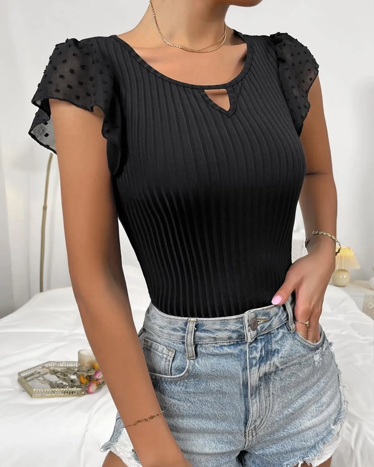 SKAYS Womens Short Ruffle Sleeve Ribbed Slimming Keyhole Top Summer Round Neck Blouse Shirt Dressy Casual