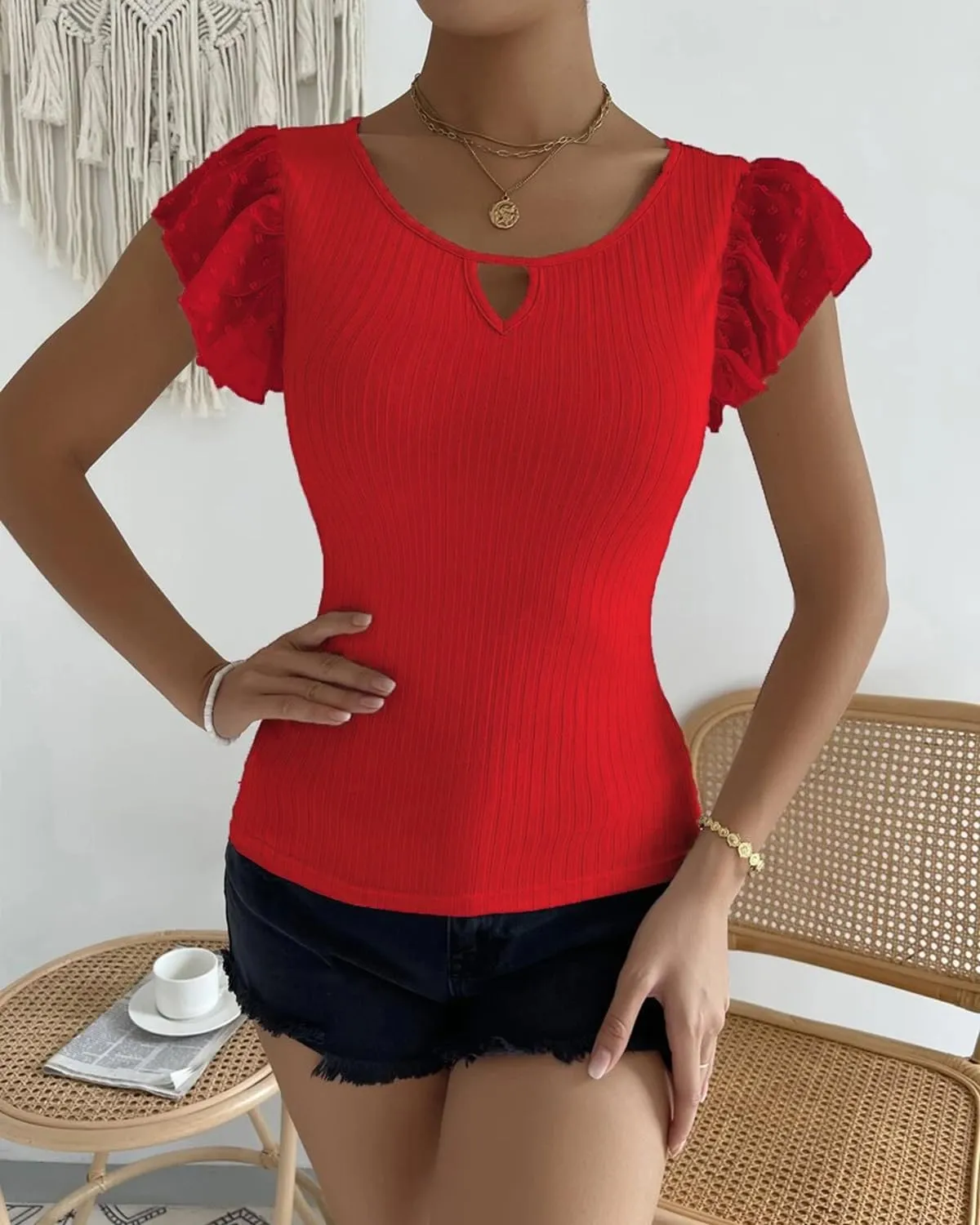 SKAYS Womens Short Ruffle Sleeve Ribbed Slimming Keyhole Top Summer Round Neck Blouse Shirt Dressy Casual